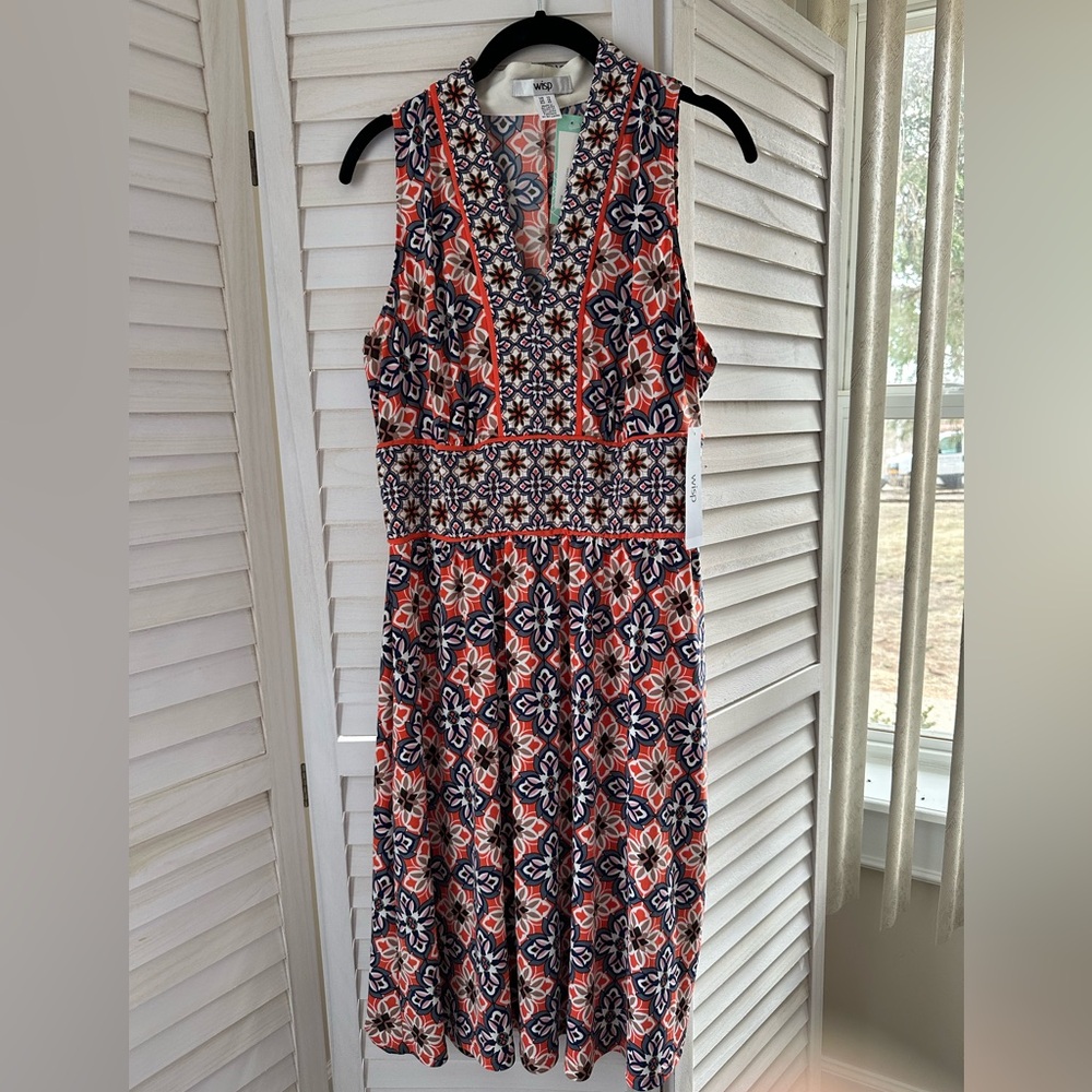 Wisp Ryenne Jersey Sleeveless Dress, women’s size 12, Orange / Blue / White